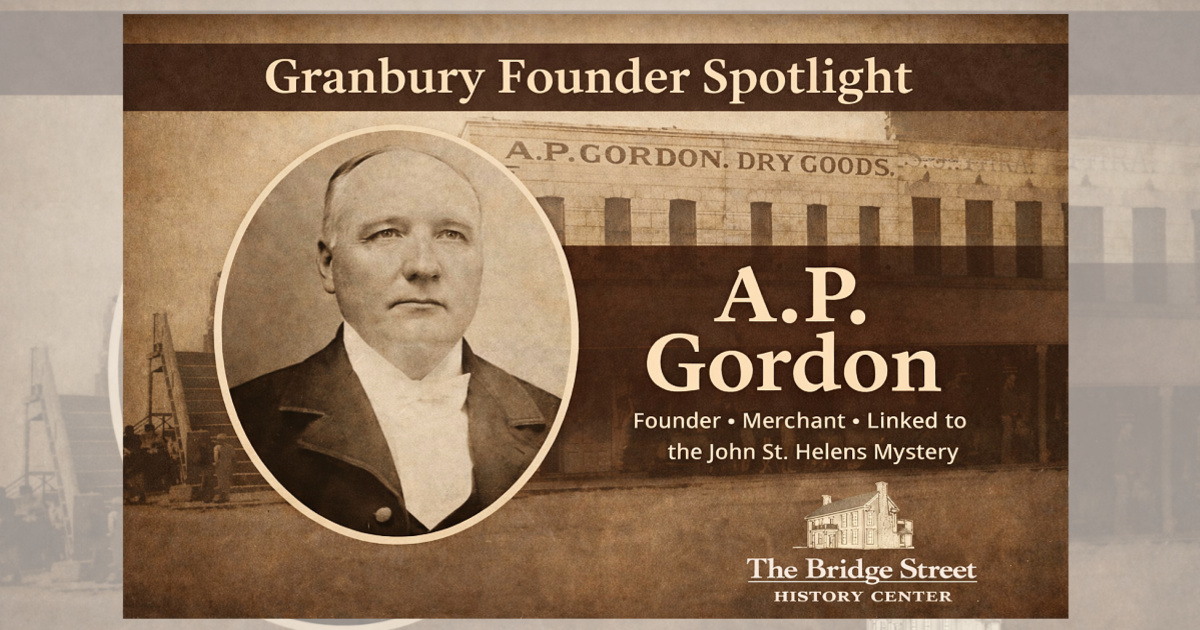 A.P. Gordon Granbury founder and merchant with historic photo of his dry goods store on the Granbury Square