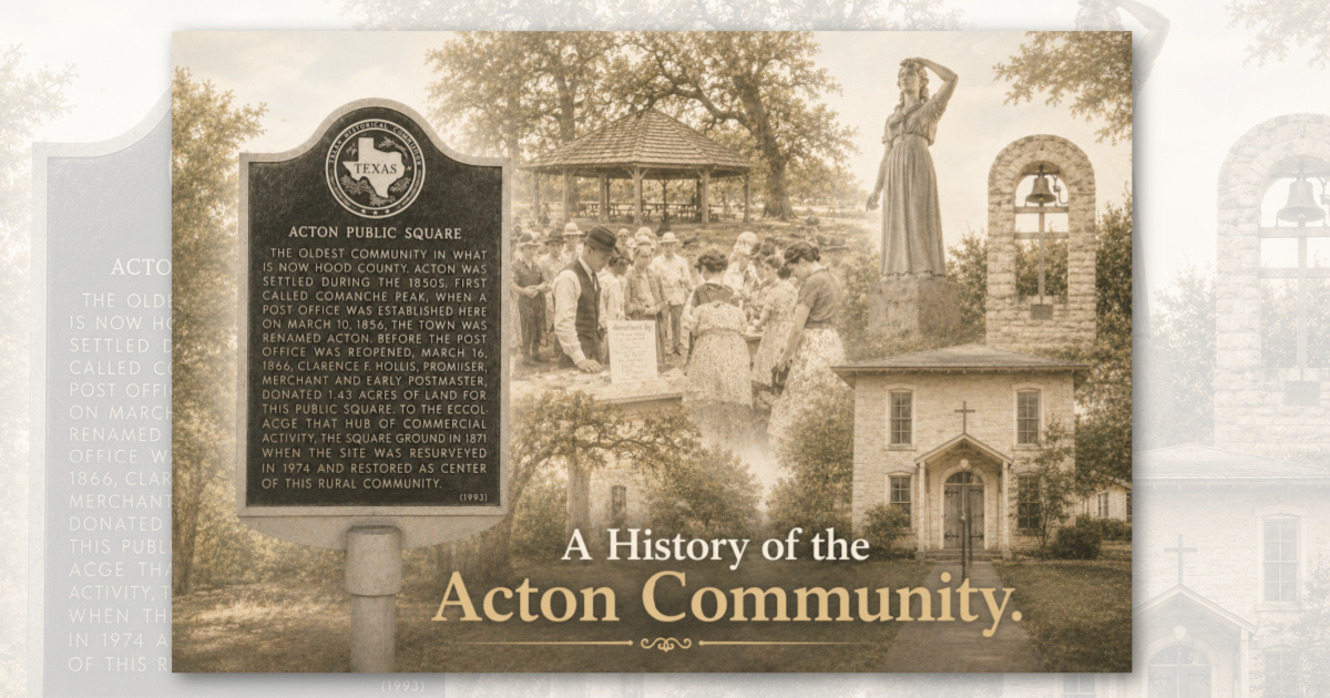 Historic collage of the Acton Community featuring the Acton Public Square historical marker, community gathering, church, bell monument, and Elizabeth Crockett statue in Hood County, Texas.