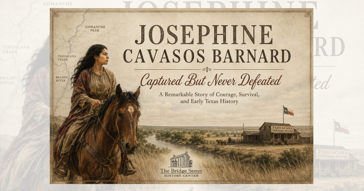 Josephine Cavasos Barnard on horseback, a survivor of Comanche captivity who became a pioneering settler in Hood County, Texas.