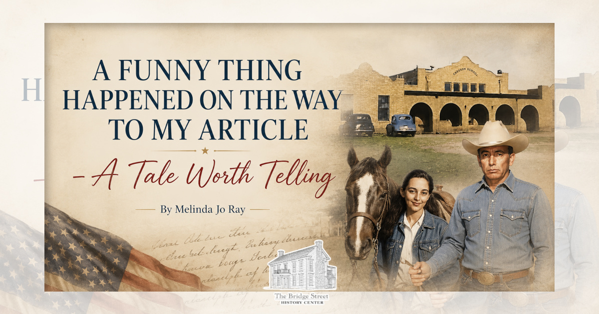 Historic Cresson School with vintage family photographs illustrating a World War II era story from Hood County, Texas.