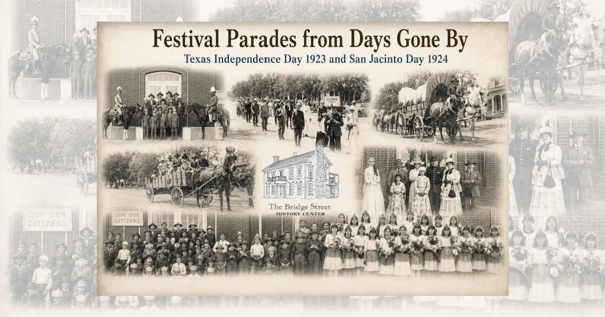 Historic collage of Granbury's 1923 Texas Independence Day and 1924 San Jacinto Day festival parades featuring schoolchildren, horse-drawn wagons, period costumes, and community celebrations around the Granbury Square.