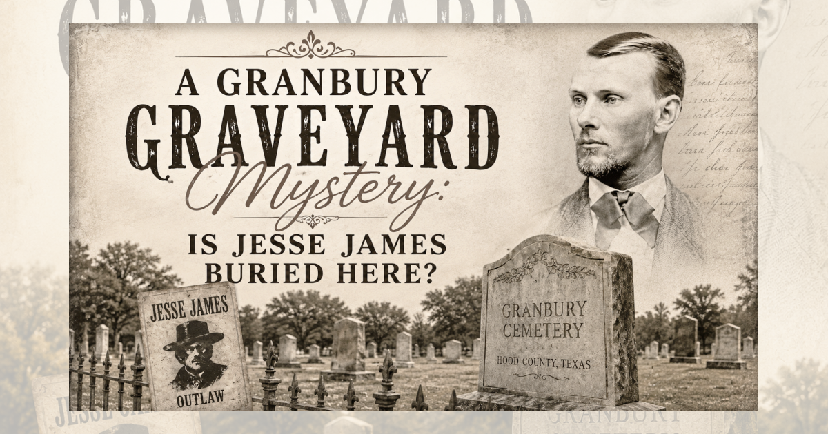 Vintage Granbury Cemetery scene with Jesse James portrait and the question, “Is Jesse James Buried Here?”