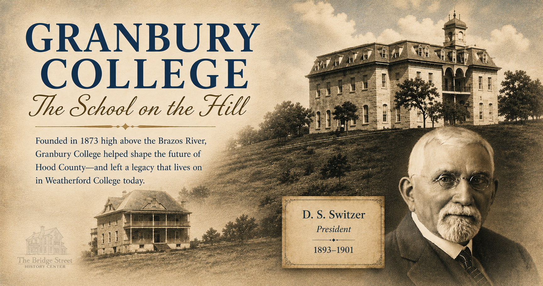 Historic Granbury College, known as the School on the Hill, with former president D. S. Switzer in Granbury, Texas.