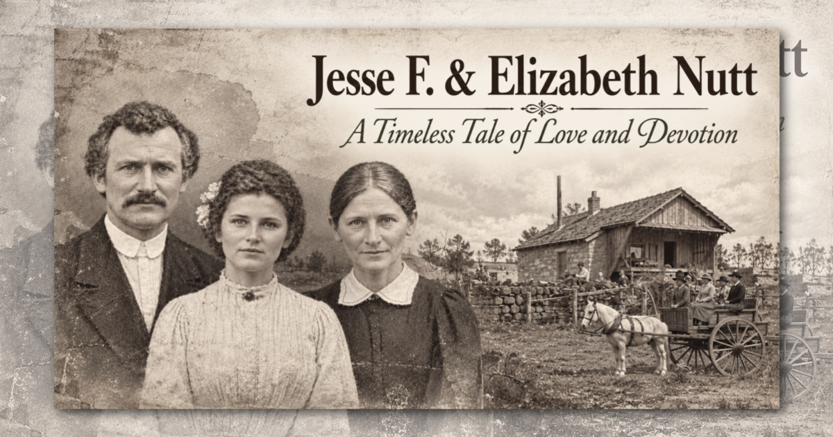 “Jesse F. and Elizabeth Nutt featured in a sepia historical collage depicting their family and pioneer life in early Hood County, Texas.”